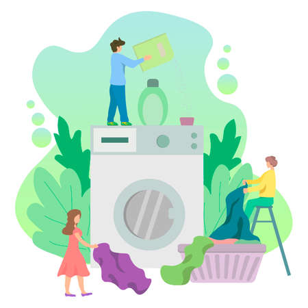 Laundry room with tiny characters loading a large washing machine, flat style design. Self-service laundry concept for web banner, website page, etc.のイラスト素材