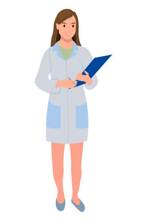 A female doctor stands with a folder for documents. A hospital worker in a medical uniform, isolated on a white background. Healthcare and assistance to people.のイラスト素材
