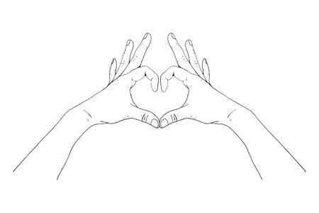 A sketch of the hands shows a heart-shaped gesture, a hand drawing vector line art illustration.のイラスト素材