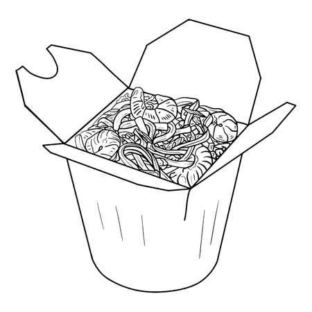 Wok. Chinese noodles in a box. A Chinese restaurant opened to take out a box filled with noodles.のイラスト素材