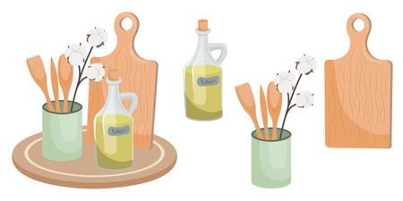 A set of kitchen accessories. A cutting board, a set of kitchen accessories, a bottle of oil, a sprig of cotton.のイラスト素材