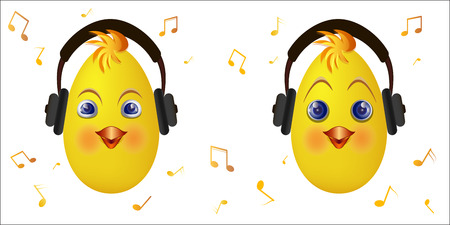 Cute chick emoticons with black headphones. Chick emoticon listen music. Vector illustration.のイラスト素材