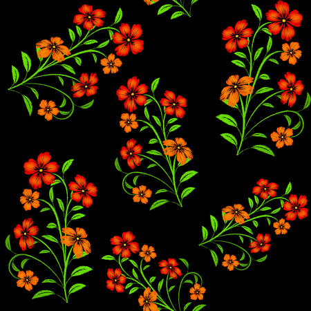 Embroidered red flowers on black background seamless pattern.Vector embroidered floral template with flowers for clothing design.のイラスト素材
