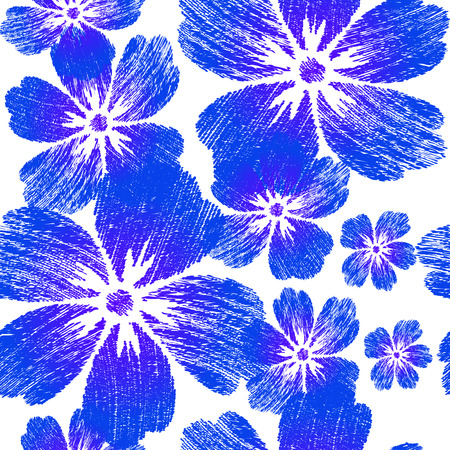 Embroidered blue flowers on white background seamless pattern.  For design, wallpaper, cover invitation, fabric and textile. のイラスト素材