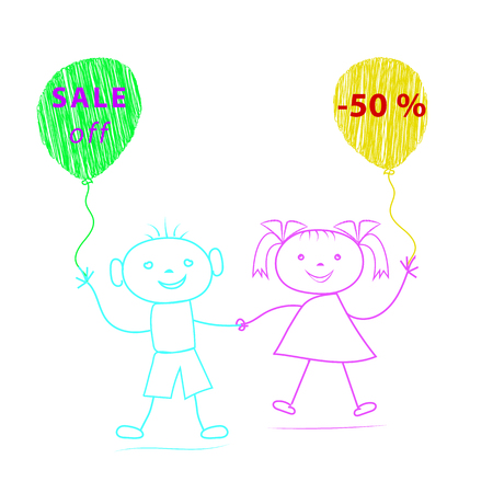 Cartoon boy and girl with balloons drawn by chalk on white background. Contour drawing. Template for sale off. Vector illustration.のイラスト素材