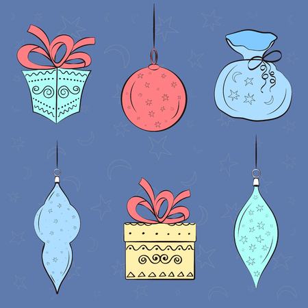 Christmas balls and gifts on blue background. Elements for decoration greeting card, wallpaper. Vector illustration.のイラスト素材