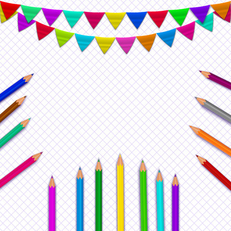 School supplies on copybook sheet background. Pencils, flags on vector backdrop. Back to school concept.のイラスト素材