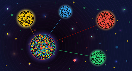 Vector abstract colorful big data information sorting visualization. Social network, financial analysis of complex databases. Visual information complexity clarification. Night sky background.のイラスト素材