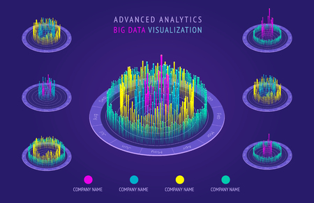 Isometric chart 3D. Big data analytic and visualization. Presentation graphics, statistics of data and diagrams. Perfect for banner, website, presentation and promotional materials. Vector elements.のイラスト素材