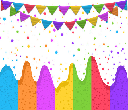 Happy Birthday typographic design for greeting cards and posters with confetti, garland  and colorful ice cream, a design template for celebrating a birthday. Vector illustration.のイラスト素材