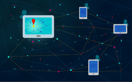 Gps navigation system. Mobile application for navigation. Gps smart tracker. Social network, people connecting all over the world. Internet, communication concepts on a network with IPhone. Vector.のイラスト素材
