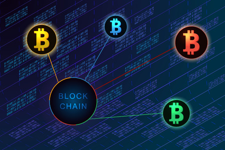 Blockchain concept banner. Circle blocks connection with each other and shapes crypto chain. Blockchain cryptocurrencies global network technology e-commerce business management. Abstract technology.のイラスト素材