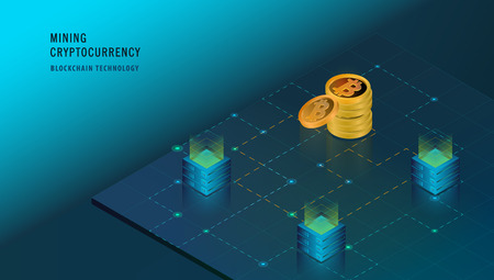 Isometric Cryptocurrency and Blockchain concept. Farm for mining bitcoins. Digital money market, investment, finance and trading. Hi tech technology. Perfect for web design, banner and presentation.のイラスト素材