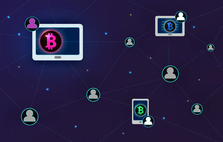 Blockchain concept banner. Circle blocks connection with each other and shapes crypto chain. Blockchain cryptocurrencies global network technology e-commerce business management. Abstract technology.のイラスト素材