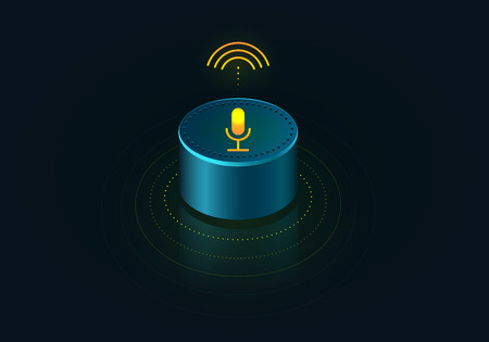 Smart speaker with voice control of your home. Voice activated devices reports the news, plays music, answers questions.  Isometric concept  recognition speech,   hi tech gadget. Voice assistant 3D.のイラスト素材