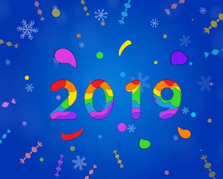 2019 Happy New Year paper craft holiday background Vector winter holiday party invitation with paper cut numbers 2019, snowflakes on blue background. Design for seasonal flyers, banners, posters. Xmasのイラスト素材