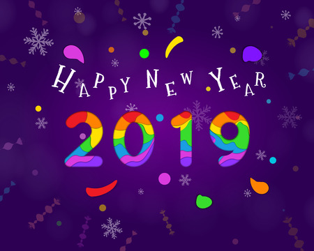 2019 Happy New Year paper craft holiday background Vector winter holiday party invitation with paper cut numbers 2019, snowflakes on blue background. Design for seasonal flyers, banners, posters. Xmasのイラスト素材