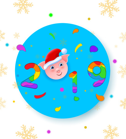 2019 Happy New Year paper craft holiday blue background. Vector winter holiday party invitation with paper cut numbers 2019, cartoon pig, snowflakes. Design for seasonal flyers, banners, posters. Xmasのイラスト素材