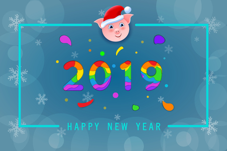 2019 Happy New Year paper craft holiday blue background. Vector winter holiday party invitation with paper cut numbers 2019, cartoon pig, snowflakes. Design for seasonal flyers, banners, posters. Xmasのイラスト素材
