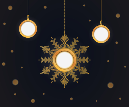 Christmas balls and snowflakes cut out the paper. Gold  snowflakes on black background. Vector illustration.のイラスト素材