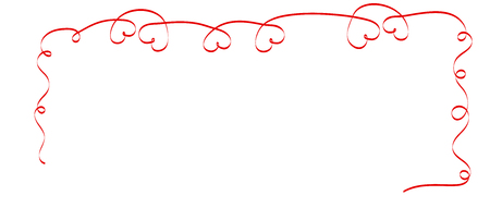 Calligraphy Red Heart Ribbon on White background. Red curved band with two hearts. Valentines day Romantic greeting card with stripes.  Mother's day vector design. Wedding invitation card elements.のイラスト素材