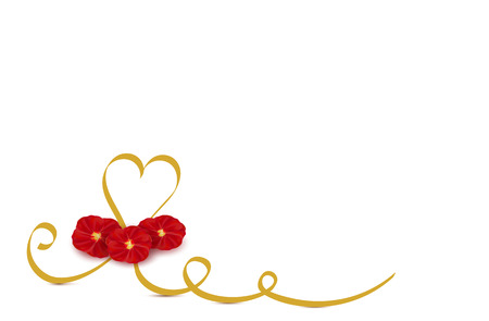 Rose petals flowers and gold calligraphy stripe. Valentines day greeting card design, 3d style on white background. Isolated objects. Mother day gift banner for festive decoration design.Vectorのイラスト素材