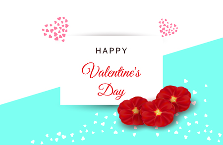 Valentines day festive composition with red, rose hearts with golden stripe and red rose petals flowers on a colorful abstract background. Top view vector illustration. Mother day Banner design.のイラスト素材