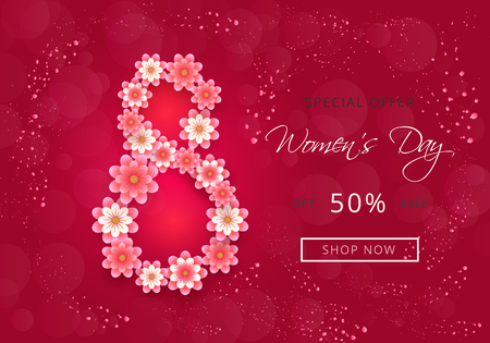 Attractive banner design for Womens day sale with paper-cut flowers and pink backgroundのイラスト素材