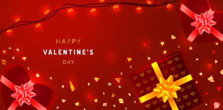 Valentines Day greeting card with sparkling confetti, heart spaped gift boxes and garlands. Promotion banner on red backgroundのイラスト素材