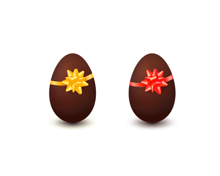 Realistic chocolate easter eggs with lush bow and ribbonのイラスト素材