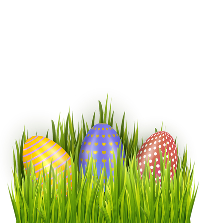 Colorful decorated Easter eggs in fresh green grass isolated on white background. Horizontal holiday banner decorations. Vector illustrationのイラスト素材