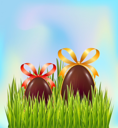 Chocolate Easter eggs hidden in green grass on sky background. Greeting card decoration elements with bow and ribbon. Vector illustrationのイラスト素材