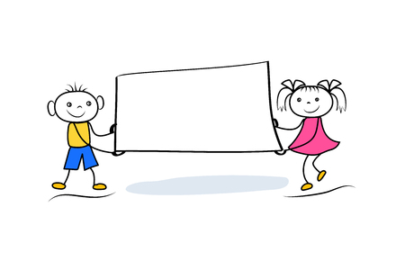 Funny stickman boy and girl holding banner. Business presentation element with copy space. Vector illustrationのイラスト素材