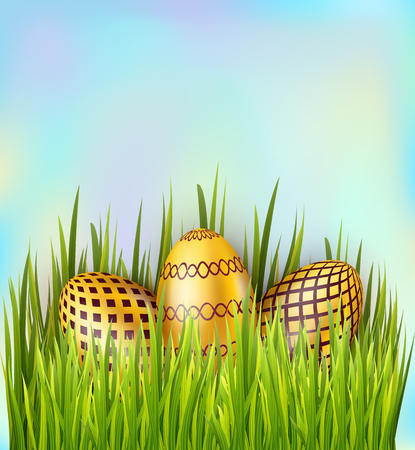 Easter decorated golden eggs on sky background with grass. Banner, poster decoration elements. Vactor illustrationのイラスト素材
