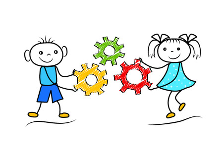 Funny stickman boy and girl holding gears. Cartoon figures cooperation for successful task solution. Vector illustrationのイラスト素材