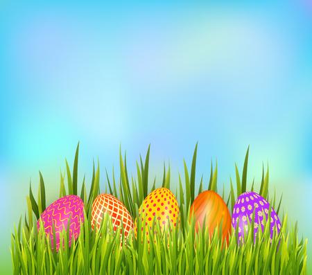 Row of decorated Easter eggs hiding in grass on sky background. Bottom border element. Vector illustrationのイラスト素材