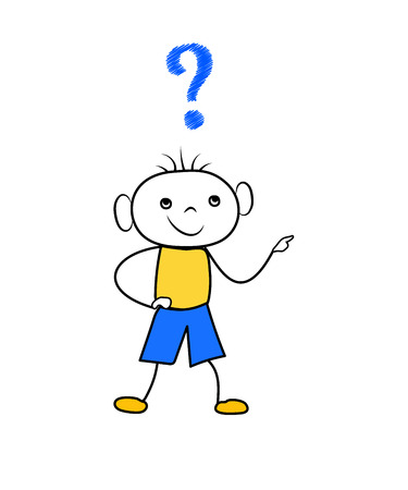 Doodle boy thinking with question mark. Scribble cartoon character isolated on white background. Vector illustrationのイラスト素材