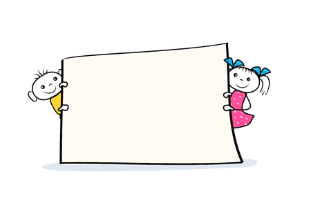 Cartoon boy and girl characters holding placard in hands. Banner sign design in doodle style.の写真素材