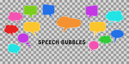 Communication concept. Set of comic colorful dialog speech bubbles isolated on transparent background. Design elements for chat message, questions, ideas or talk. Flat vector illustration.のイラスト素材