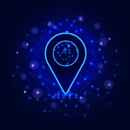 Location Pin from low poly mesh on abstract polygonal background. Gps, destination, position map marker. Flat vector illustrationのイラスト素材