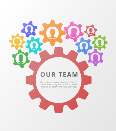 Teamwork concept with gears or cogwheels. Flat banner illustration for corporate training, business cooperation, partnership, team work, management, brainstorming, crowdsourcing, people relationshipのイラスト素材