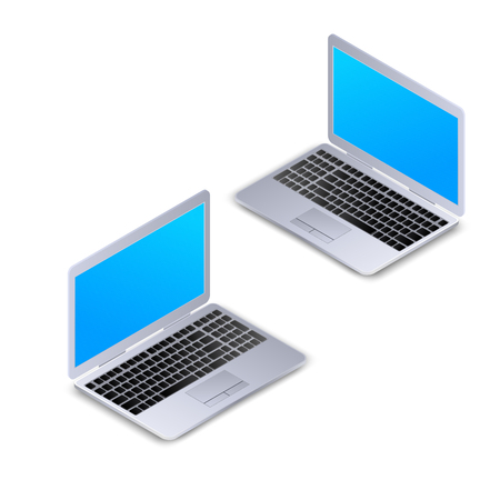 Isometric laptop with blank screen isolated on white background. Realistic 3d computer laptop mockup for software development, responsive web design, banner, poster. Flat vector illustrationのイラスト素材