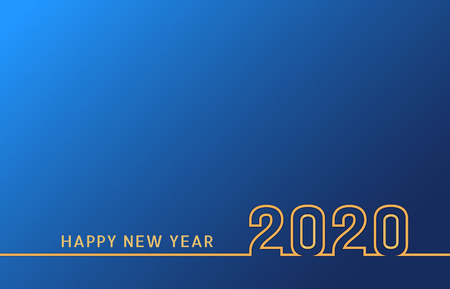 New Year 2020 line text design with golden numbers on blue background. Holiday banner, poster,...