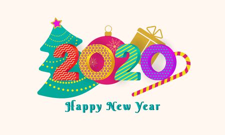 2020 Happy New Year text design with colorful 3d numbers on pink background with christmas tree,...