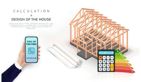 Energy efficient eco house construction concept with chart. Hand holding smartphone with isometric timber frame home, calculator and blueprint. Banner, poster, promo design with copy space. Vectorのイラスト素材