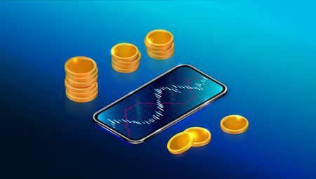 Stock exchange market or return on investment concept with mobile app. Forex trading chart with smartphone and coins on blue background, sell and buy indicators. Cryptocurrency exchangeのイラスト素材