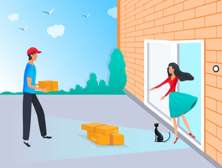 Contactless delivery to home concept. Courier with parcel box and woman near the door with safe distance to protect during coronavirus pandemic. Contactless delivery service. Online shoppingのイラスト素材