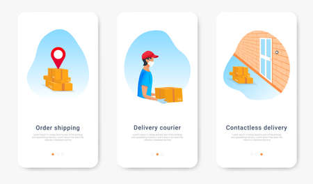 Safe contactless delivery order shipping onboarding screens template for mobile app. Courier in protective mask and medical rubber gloves delivering parcel to home. Flat vector illustrationのイラスト素材