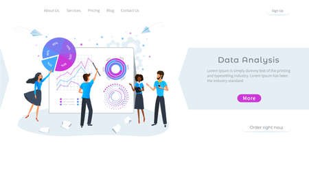 Big data analysis graphs charts. Online statistics and data analytics concept. Analysis of financial data. Business woman making presentation during meeting with colleagues. Workshop training.のイラスト素材