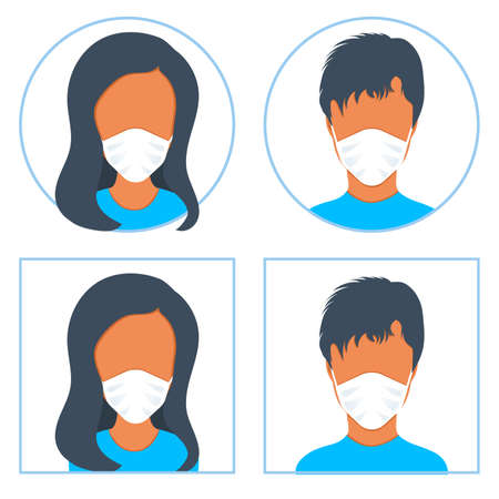 People in medical face protection mask in prevention for coronavirus. Man and Woman wearing protective surgical mask for prevent virus, disease, flu, air pollution. Vector icon setのイラスト素材